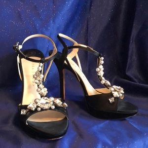 Ivanka Trump Black Satin Heels Rhinestones&Pearls